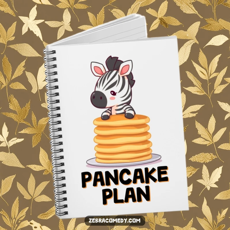 Funny tiny zebra pancake notebook featuring a small zebra balancing pancakes, perfect for jotting down notes with a humorous breakfast theme.