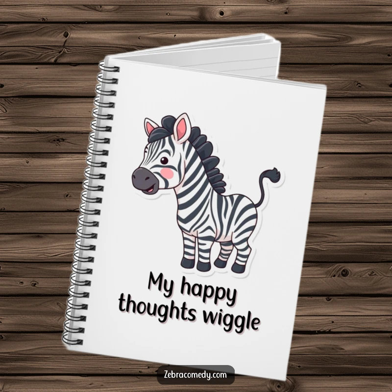 Funny zebra with exaggerated wavy stripes happily wiggling its tail on a notebook, encouraging creative writing.