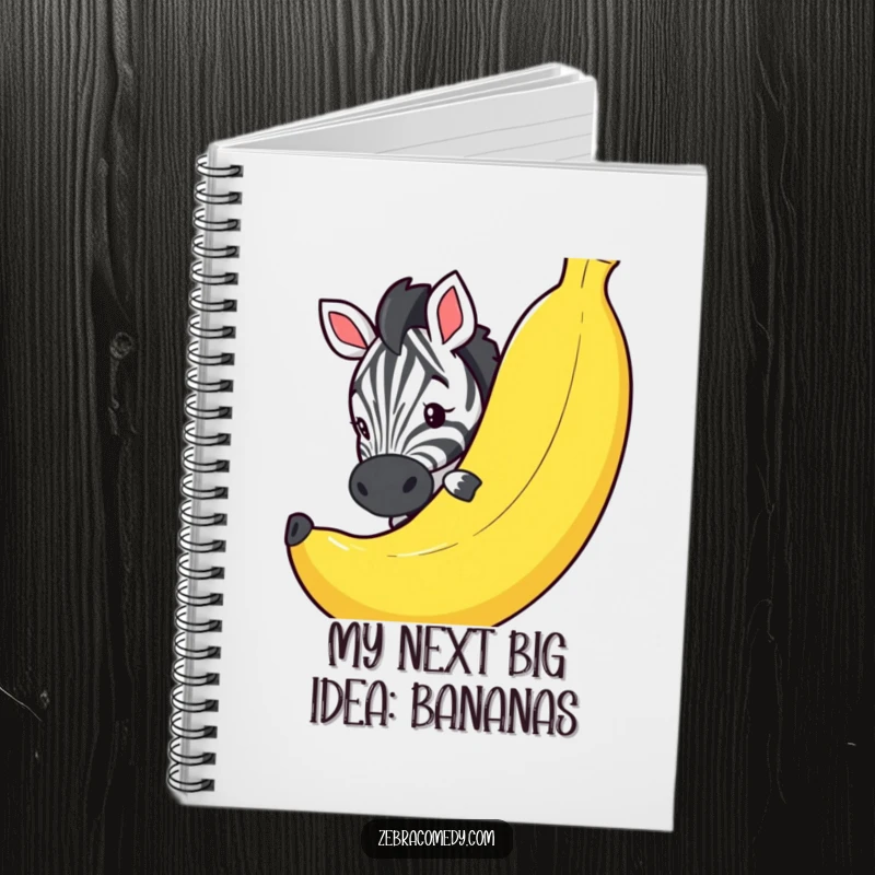 Funny notebook displaying a curious zebra peeking slyly around a massive novelty banana, perfect for jotting down funny ideas.
