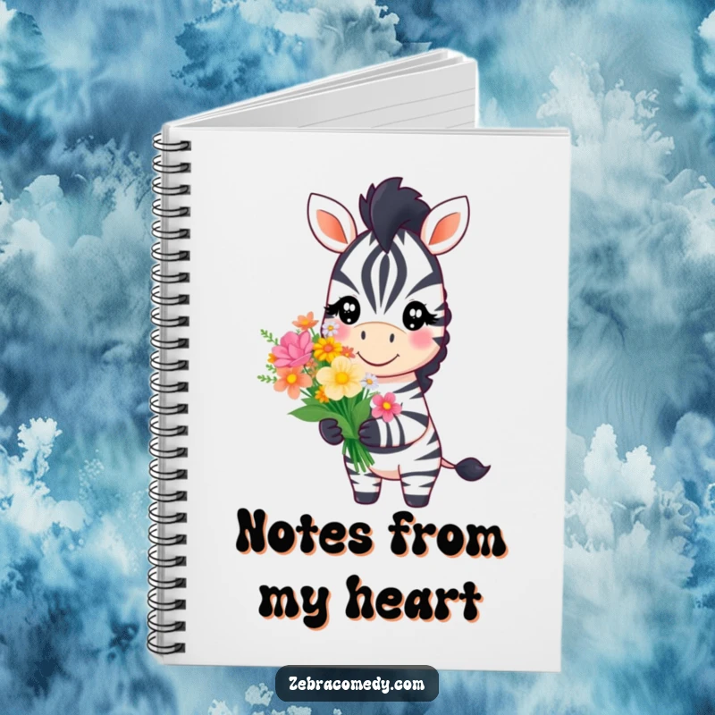 Funny zebra character with a sweet smile offering a bouquet of flowers on the cover of a notebook for kind notes.