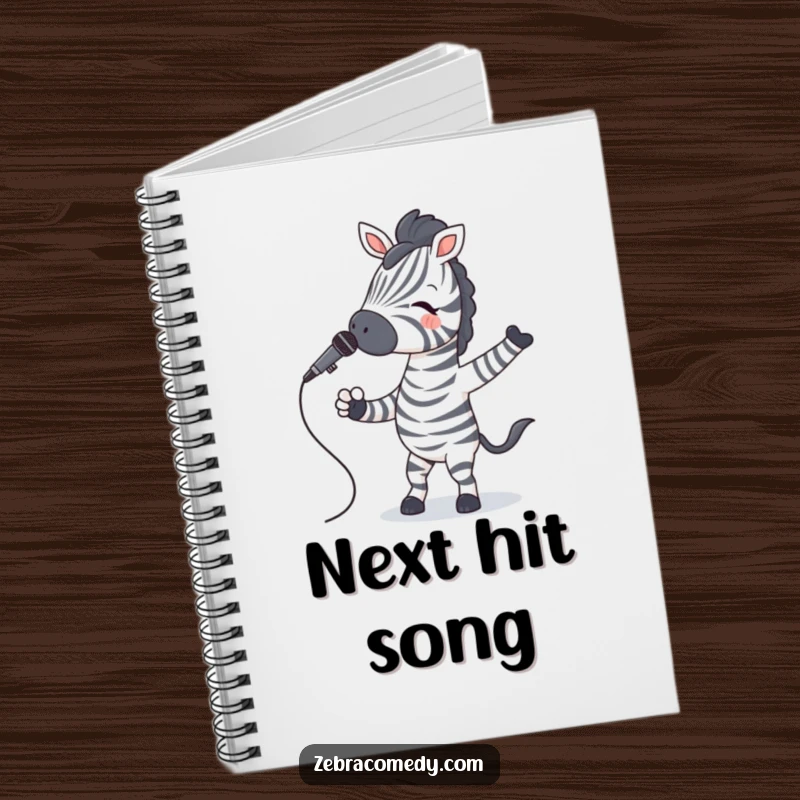 Funny Zebra Notebook showing a zebra with striped socks jiving with a microphone, perfect for music lovers.