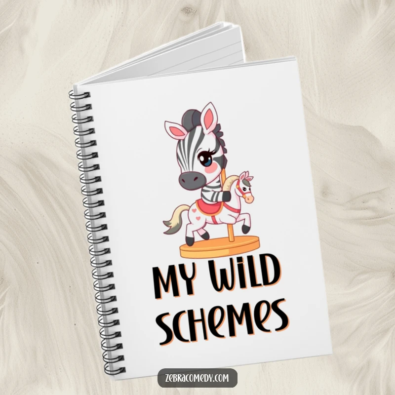 Funny Notebook with a cover depicting a zebra character with a mischievous wink, riding a miniature carousel horse, ideal for notes.