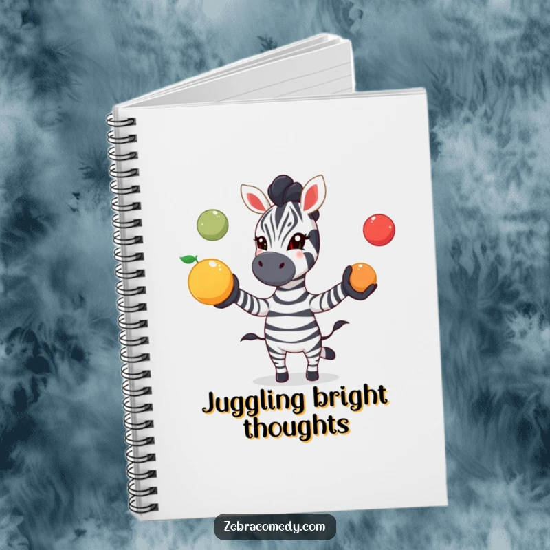 Funny zebra notebook cover featuring a zebra playfully juggling colorful fruit with excitement, perfect for humorous note-taking and journaling.