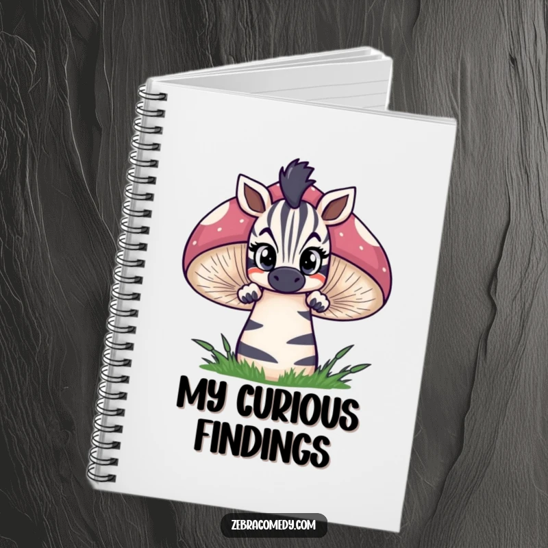 Funny zebra notebook cover featuring a curious zebra peeking over a giant striped mushroom with wide eyes, perfect for whimsical note-taking.