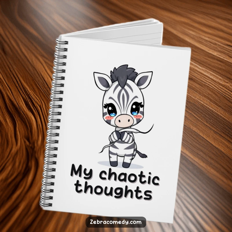Funny Notebook with a cover depicting a zebra character playfully pulling on an unraveling stripe, ideal for writing and humorous notes.