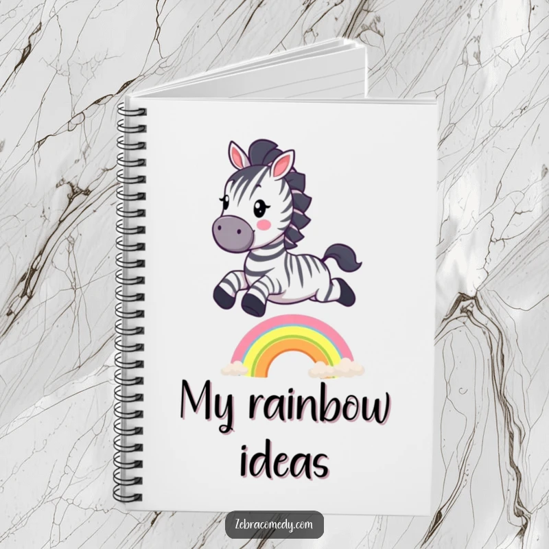 Funny Zebra Notebook: A cheerful zebra character jumping over a small rainbow, perfect for jotting down magical ideas.