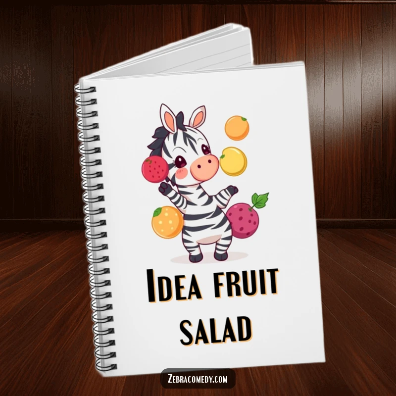 Funny zebra character juggling colorful fruits, a spacious notebook perfect for capturing creative thoughts and ideas.