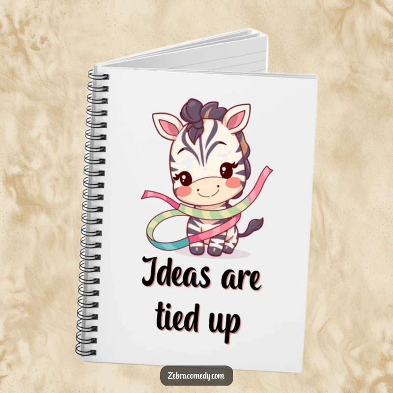 Funny notebook with a smiling zebra character playfully tangled in a whimsical ribbon, perfect for journaling and creative writing.