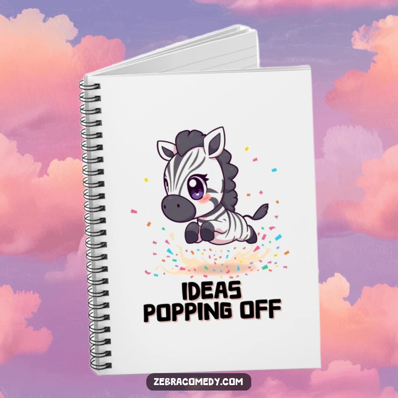 Funny Zebra Notebook: A zebra with large eyes leaping over confetti, ideal for notes, perfect gift.