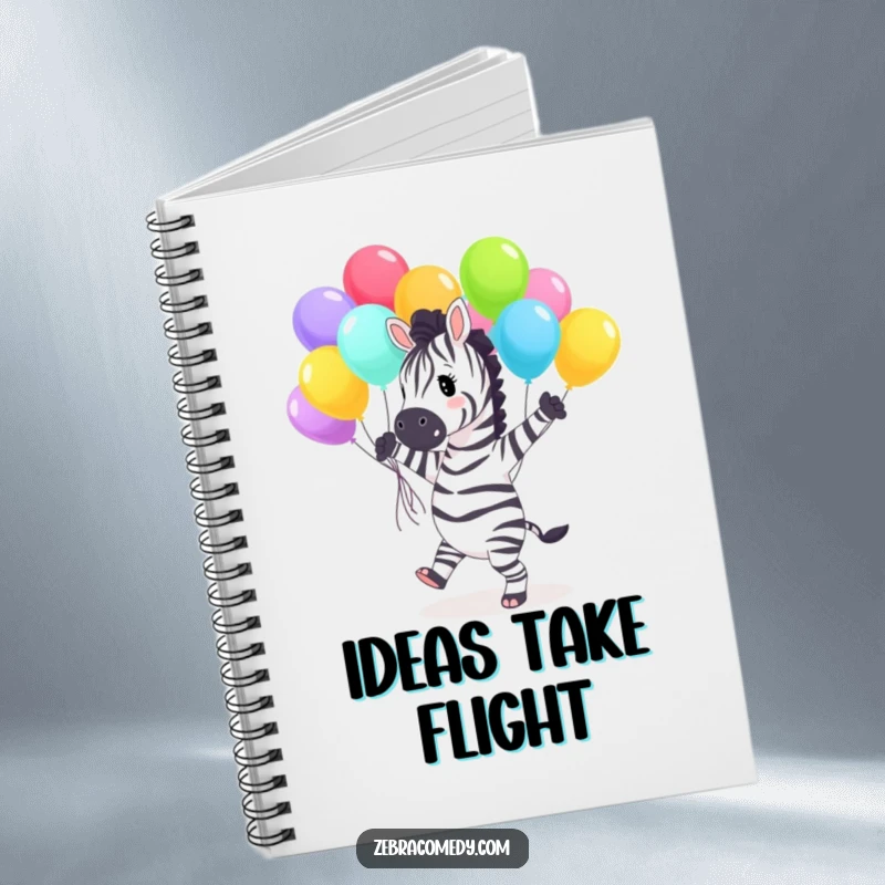 Funny Notebook with a cover showing a joyful zebra character dancing with colorful balloons, ideal for notes, dreams, and humorous reflections.