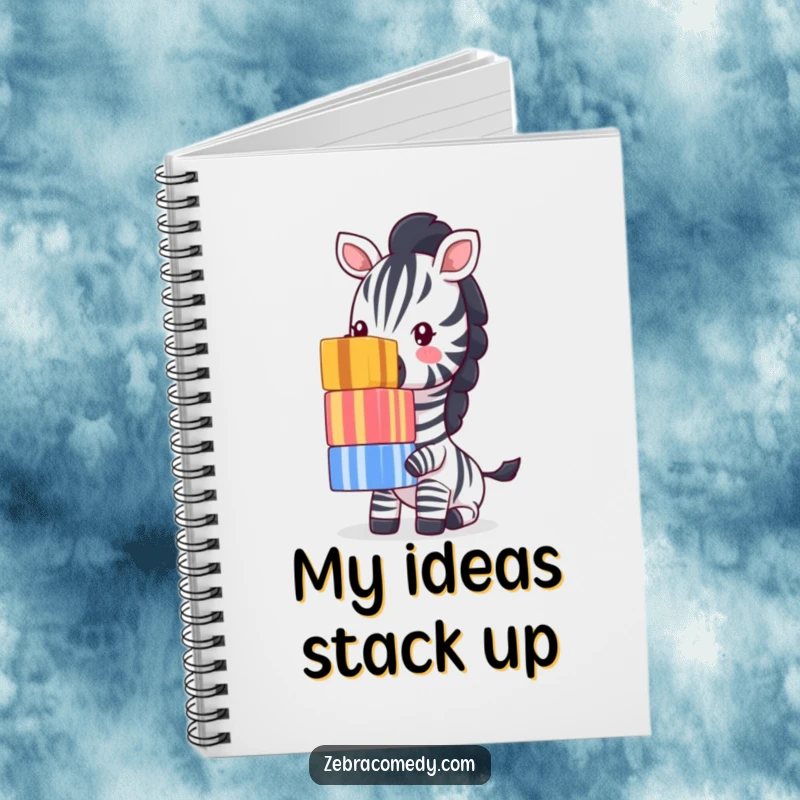 Funny Zebra Notebook: A focused zebra balances a tall stack of colorful striped cubes on its nose, perfect for jotting down funny thoughts.