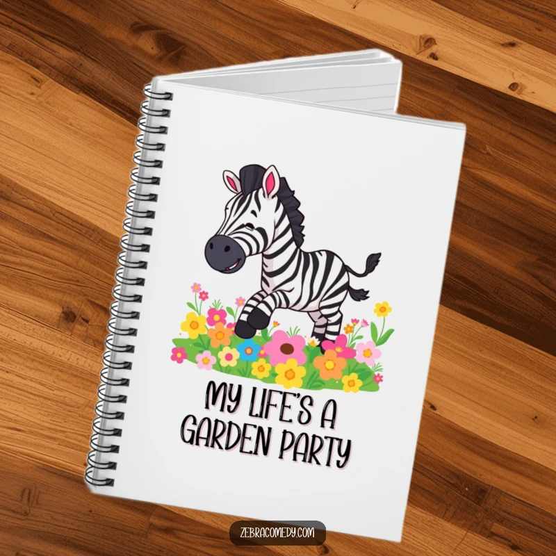 Funny notebook with a zebra character comically slipping on colorful flowers, ideal for journaling or note-taking.