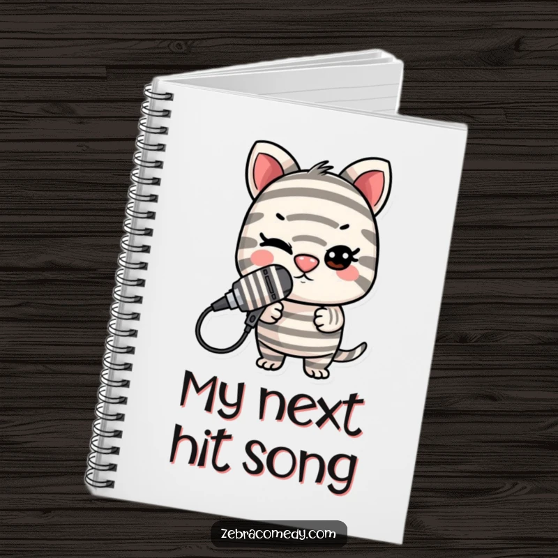 Funny Striped Microphone Notebook: A mischievous striped character balances a microphone on its nose, ready for notes.