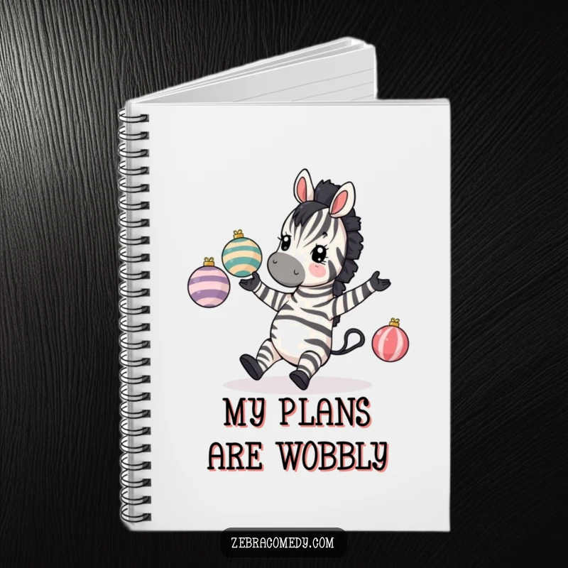 Funny Zebra Notebook: A zebra comically tripping while juggling striped baubles, perfect for jotting down humorous notes.