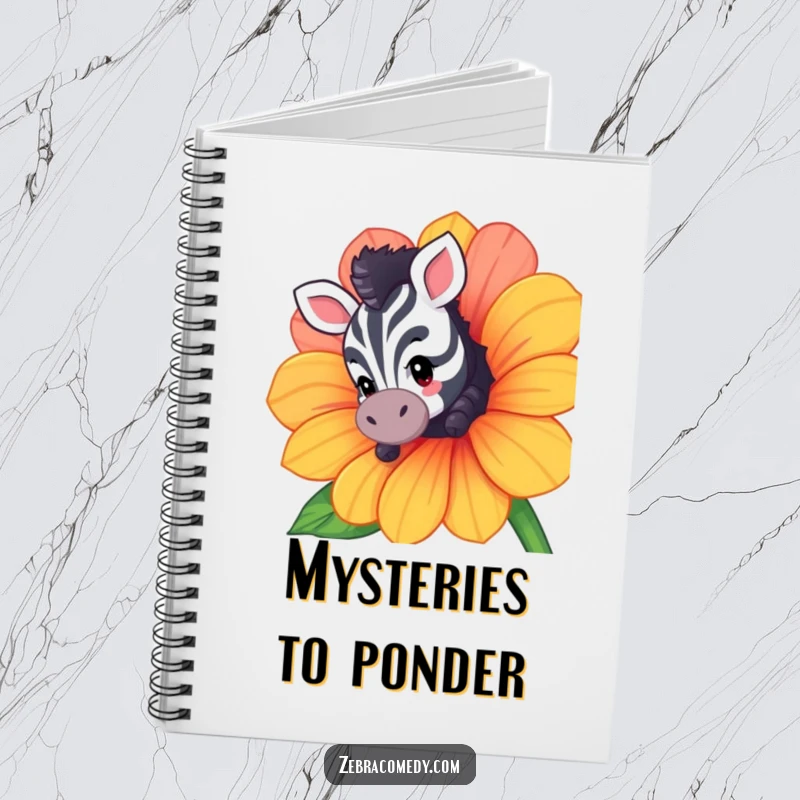 Funny notebook with a curious zebra character peeking from behind a flower on the cover, perfect for jotting down intriguing ideas.