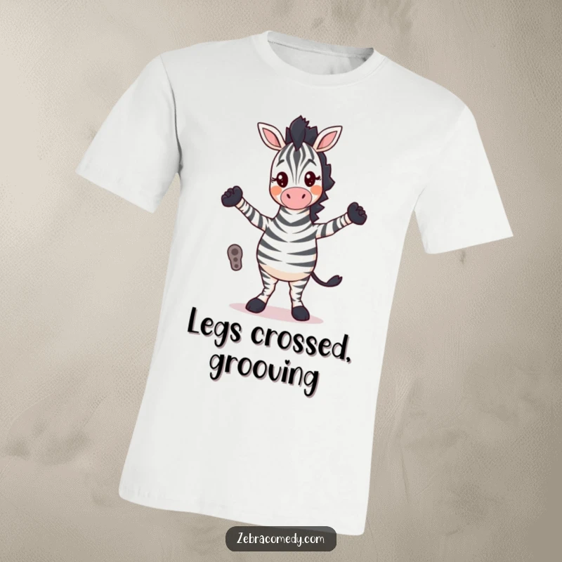Funny T-Shirt: A zebra character does a quirky, silly dance with its legs crossed, radiating fun and playful energy.