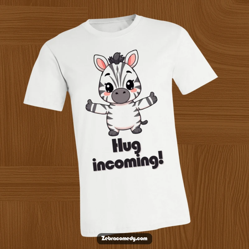 Funny fuzzy zebra t-shirt featuring a cute zebra with arms outstretched, offering a warm and welcoming hug, full of fun.