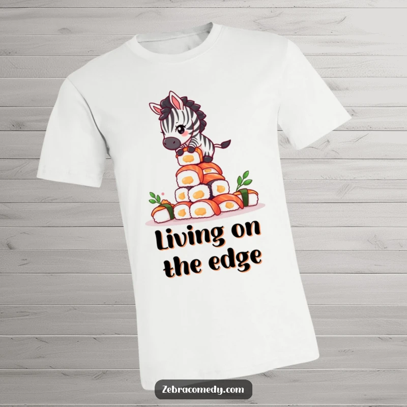 Funny Giddy Zebra Sushi T-Shirt: A dizzy zebra wobbling precariously on a tall, unstable tower of assorted sushi.