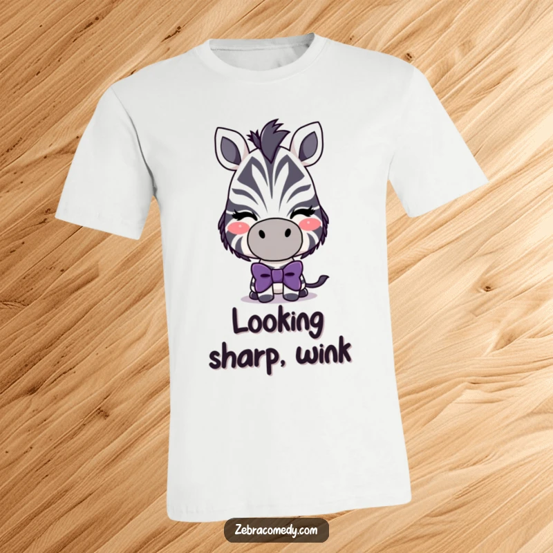 Funny Playful Zebra T-Shirt: A stylish zebra sporting a large, silly bowtie and a mischievous wink.