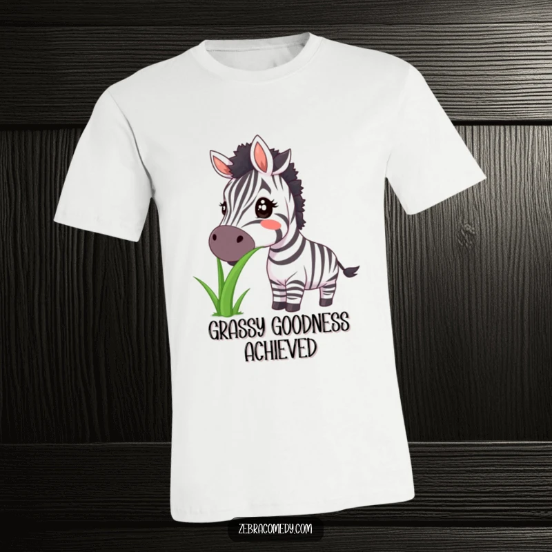 Funny zebra t-shirt featuring a big smile and enjoying a large blade of grass, perfect for humor lovers.
