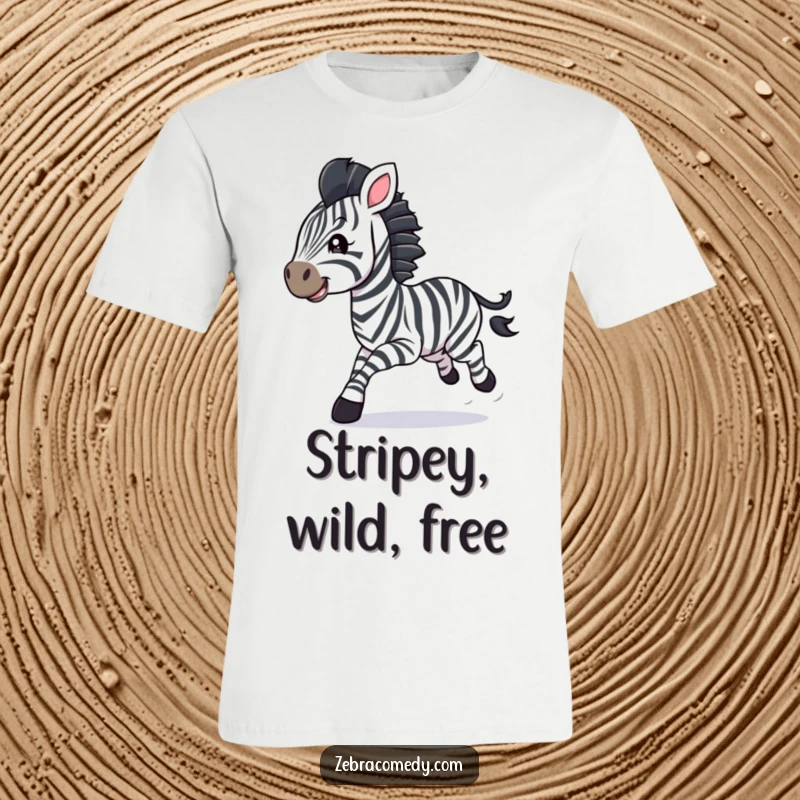 Funny zebra cub t-shirt, galloping with wild abandon, streamers flowing behind, conveying immense joy and playful energy.