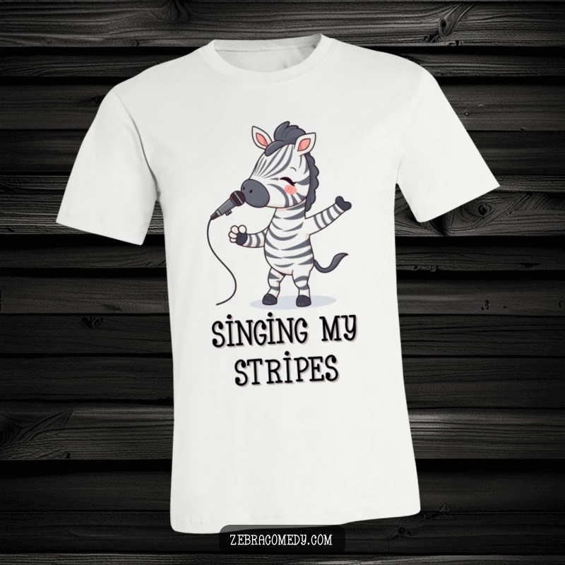 Funny Zebra T-Shirt showing a zebra with striped socks happily jiving with a microphone, for music lovers.