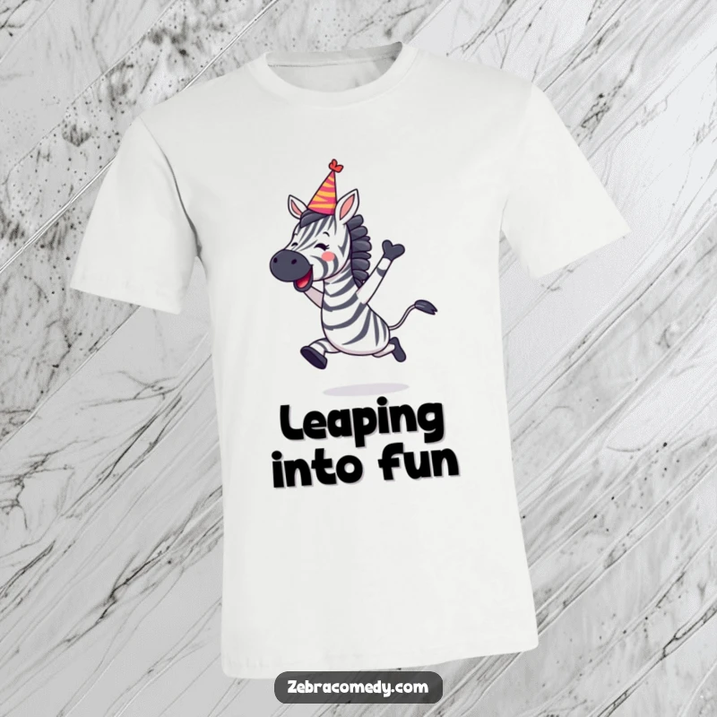 Funny Zebra T-Shirt showing a zebra joyfully leaping with a crooked party hat, perfect for festive wear.