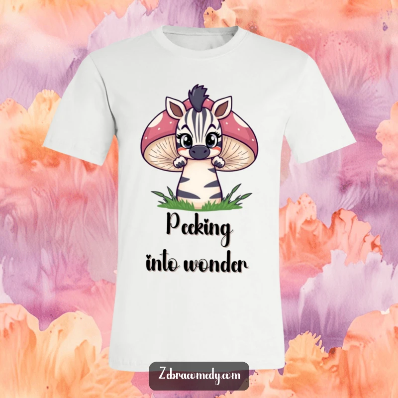Funny zebra t-shirt depicting a curious zebra peeking over a giant, striped mushroom with wide, wondering eyes, perfect for whimsical moments.