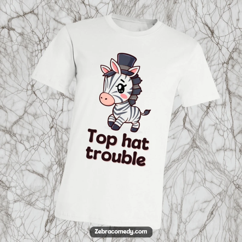 Funny Zebra T-Shirt: A cool tee featuring a zebra wearing a tiny top hat, tiptoeing slyly with a mischievous wink.