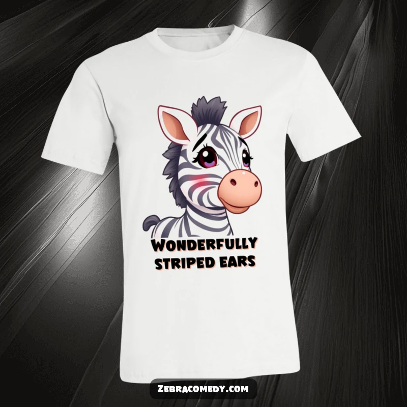 Funny zebra t-shirt, stripy ears perked, looking upwards in amazement, a charming and humorous design.