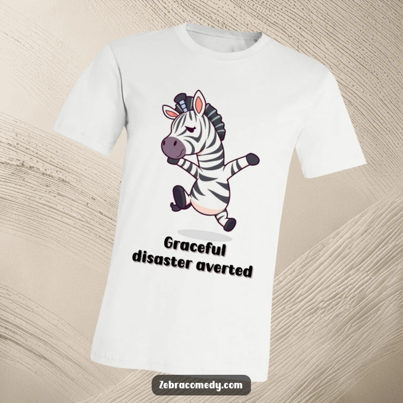 Funny zebra character in a comical mid-air pose after tripping, printed on a t-shirt for humorous effect.