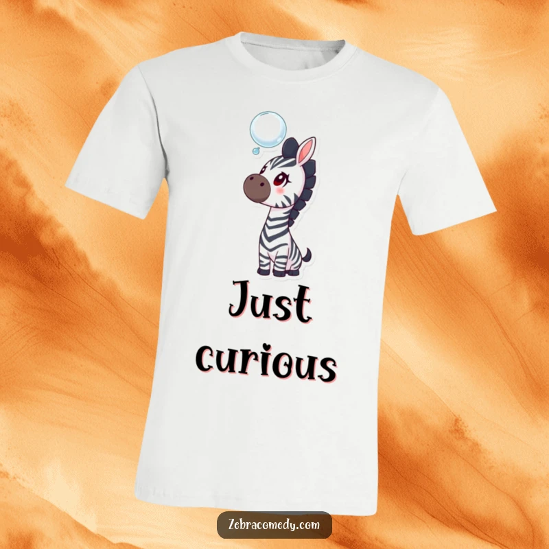 Funny zebra t-shirt showing a curious zebra looking up with wide eyes at a floating, iridescent bubble, perfect for playful spirits.