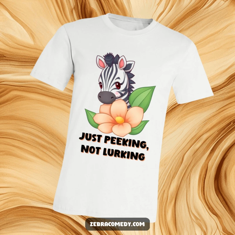 Funny zebra peeking out from behind a huge striped flower, printed on a t-shirt for a playful look.