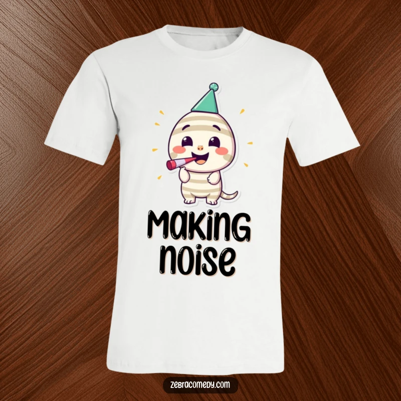 Funny Striped Party Character T-Shirt: A smiling striped character sports a party hat and enthusiastically blows a noisemaker.