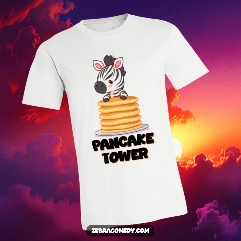 Funny tiny zebra t-shirt featuring a small zebra attempting to balance a precarious stack of pancakes, a humorous breakfast scene.