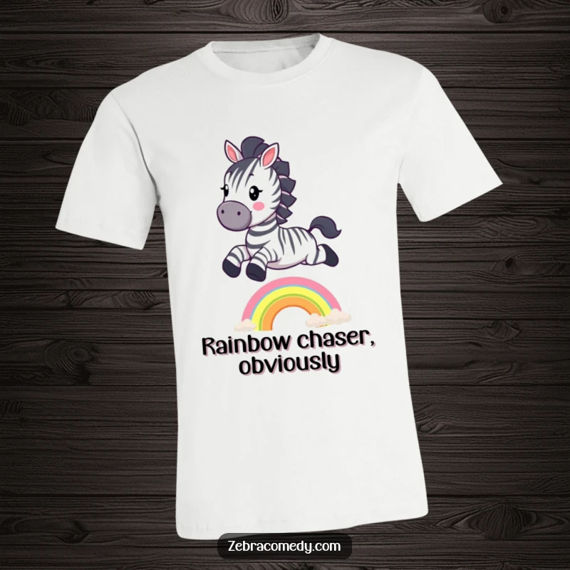 Funny Zebra T-Shirt: A happy zebra character playfully leaping over a small, colorful rainbow, radiating pure joy and whimsy.