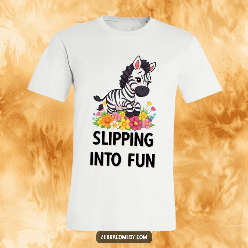 Funny zebra in a comical slip on colorful flowers, an amusing and lighthearted t-shirt for everyday wear.