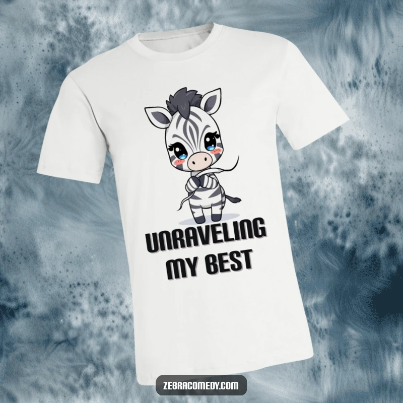 Funny T-Shirt of a zebra character playfully pulling a loose stripe that is comically unraveling, depicting a humorous wardrobe issue.