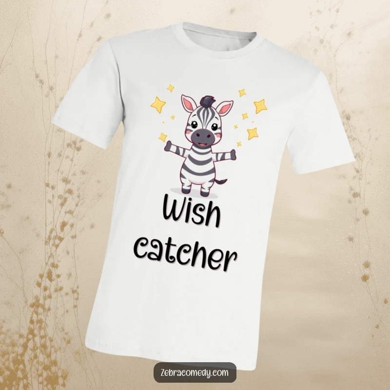 Funny t-shirt showcasing a zebra character with arms outstretched, catching falling sparkling stars, representing hope and wonder.