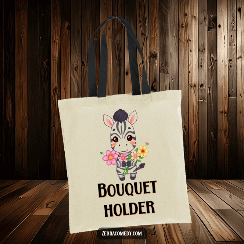 Funny grinning zebra tote bag, a happy zebra holding a bouquet of flowers, perfect for carrying essentials with cheerful style.