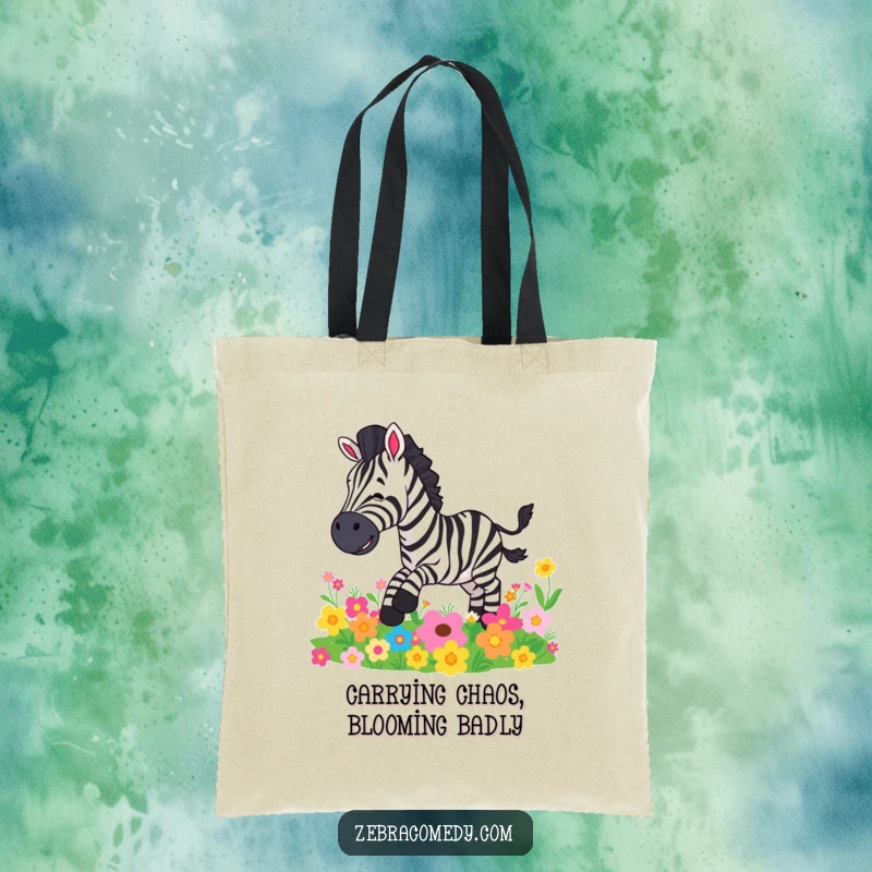 Funny tote bag design with a zebra character comically slipping on a patch of colorful flowers, useful and amusing.
