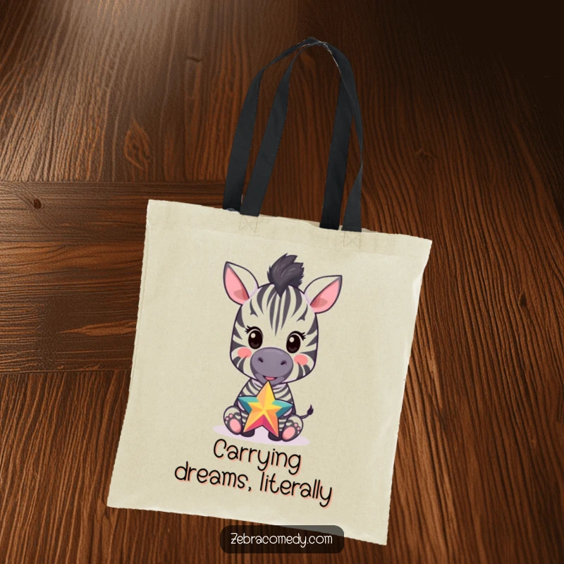 Funny tote bag featuring a happy zebra cub balancing a colorful star on its nose, symbolizing playful accomplishments and joy.
