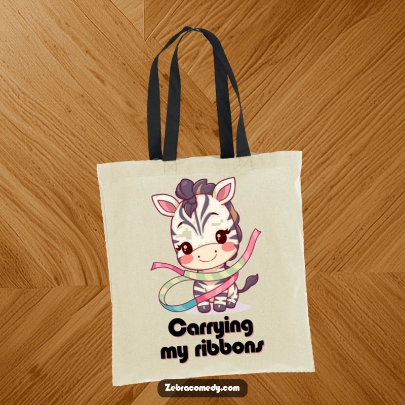 Funny tote bag with a smiling zebra character adorably tangled in a whimsical ribbon, adding humor to everyday carrying needs.