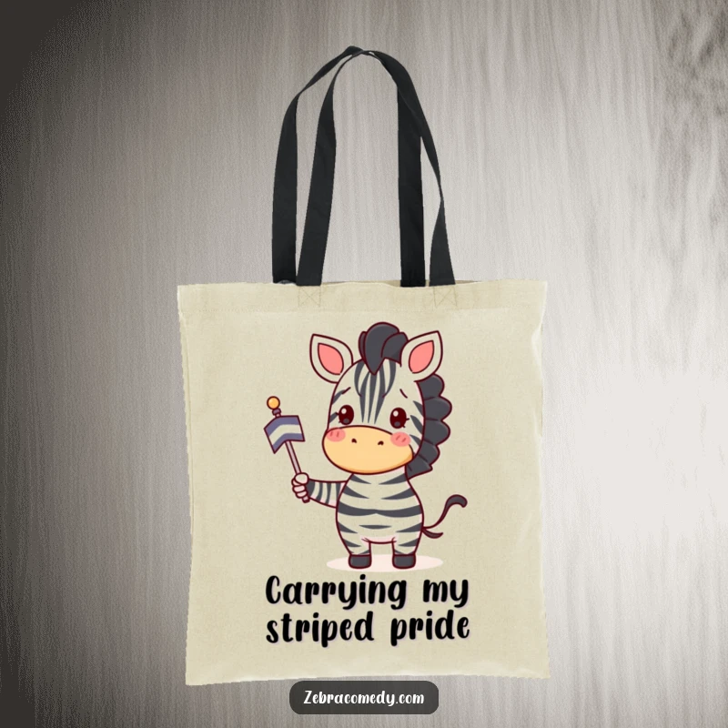 Funny Zebra Tote Bag: A happy zebra waves a striped flag with great enthusiasm, a cheerfully functional accessory.