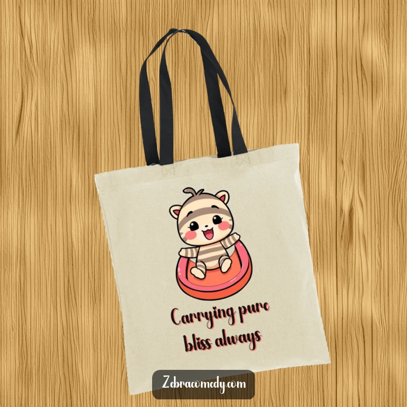 Funny tote bag showcasing a happy striped character sliding down a rainbow, perfect for carrying essentials with a dose of cheerful humor.