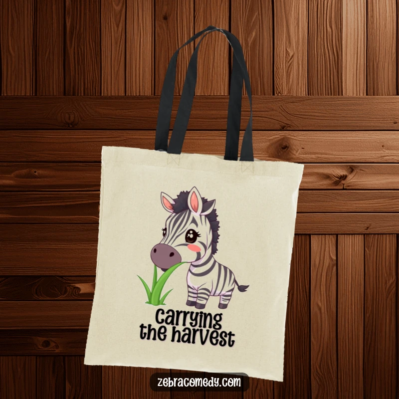 Funny zebra tote bag with a big smile and large grass, perfect for carrying daily essentials with joy.