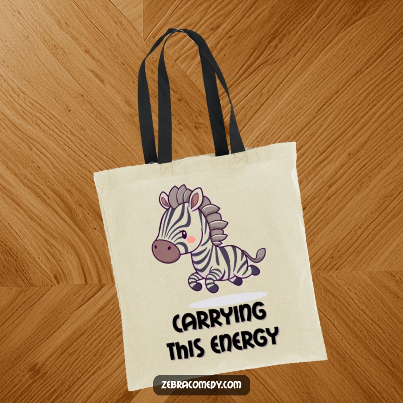 Funny Tote Bag: A zebra character bounces with blurred stripes, embodying playful motion and adding a humorous vibe to this practical bag.