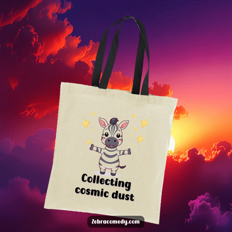 Funny tote bag with a zebra character catching falling sparkling stars, symbolizing aspirations and adding cosmic charm to carrying needs.