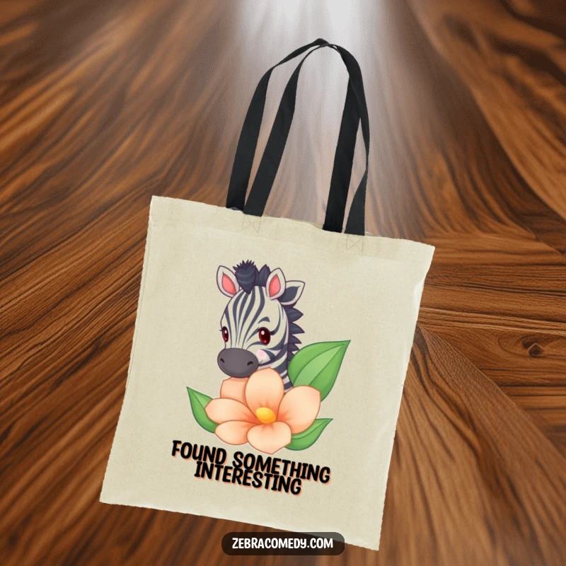 Funny zebra peeking out from a large floral background on a durable tote bag, adding cute humor.