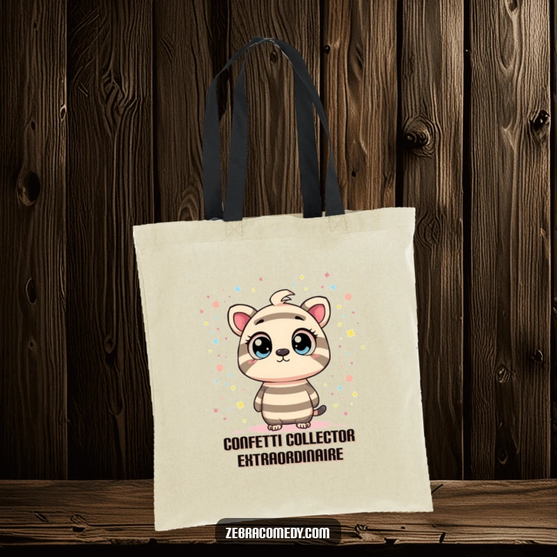 Funny tote bag showcasing a striped character with curious eyes gazing at a confetti-filled cosmic swirl, perfect for carrying essentials with wonder.